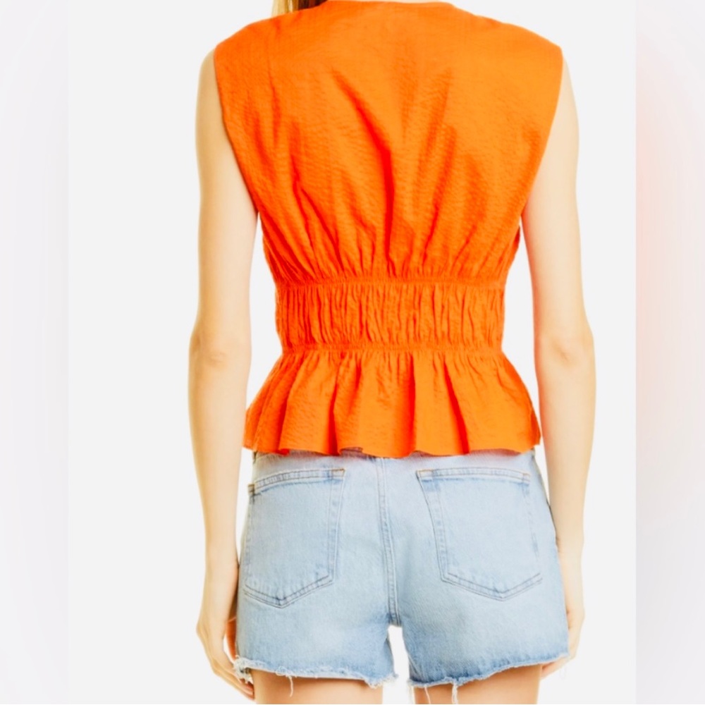 Frame EUC Ruched V Neck Sleeveless Top Blouse Orange Button Front Peplum M - Picture 2 of 12